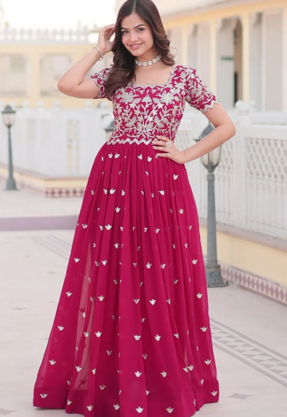 Embroidered Georgette Gown in Pink