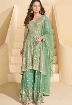 Embroidered Georgette High Low Pakistani Suit in Light Green