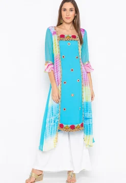 Embroidered Georgette High Low Kurta in Sky Blue