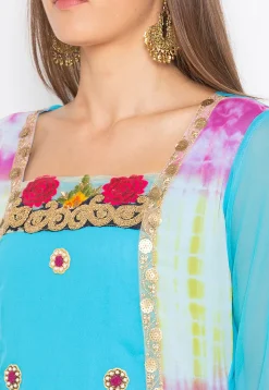 Embroidered Georgette High Low Kurta in Sky Blue