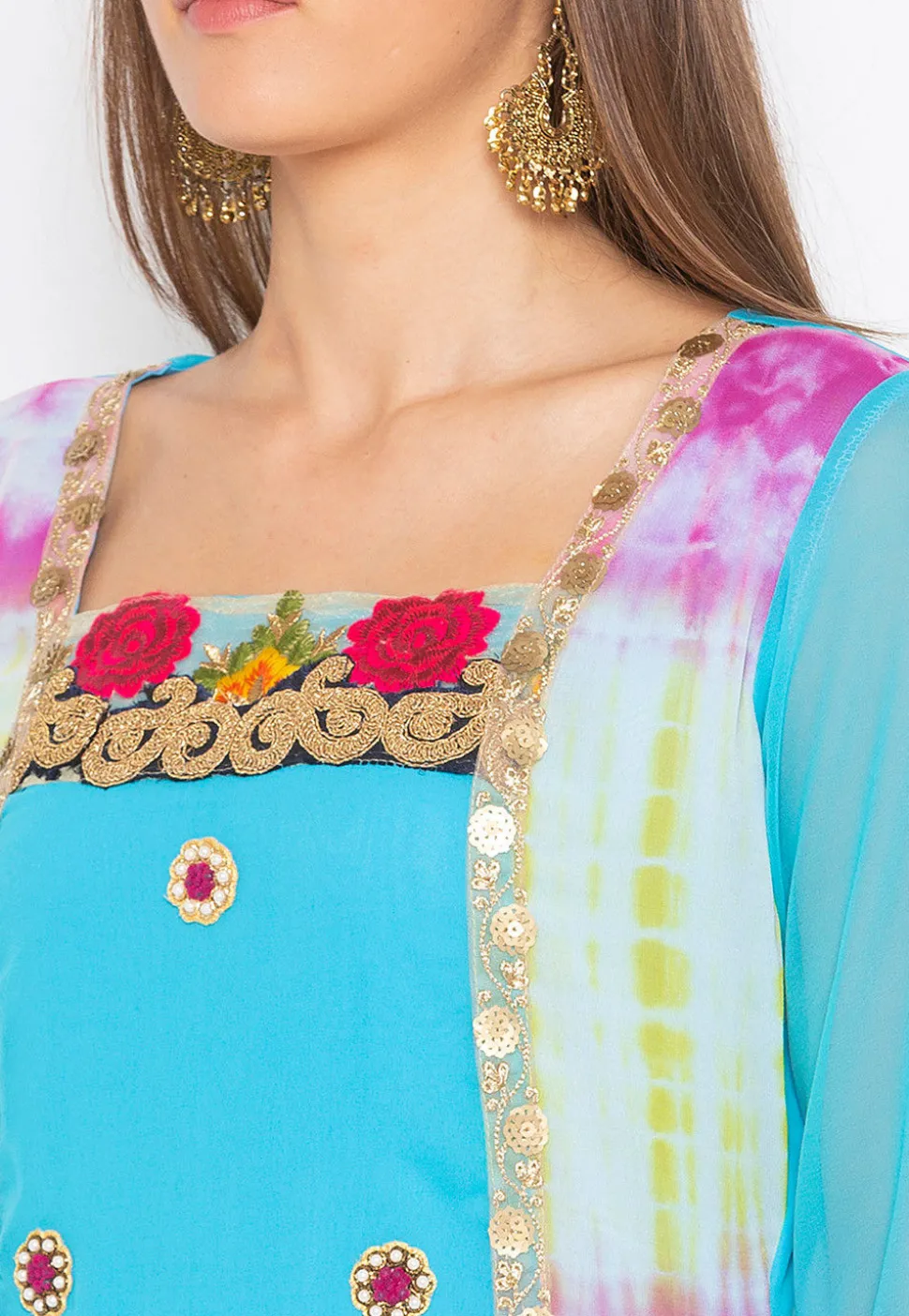 Embroidered Georgette High Low Kurta in Sky Blue