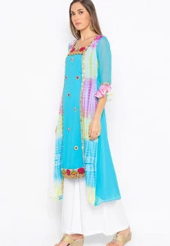 Embroidered Georgette High Low Kurta in Sky Blue