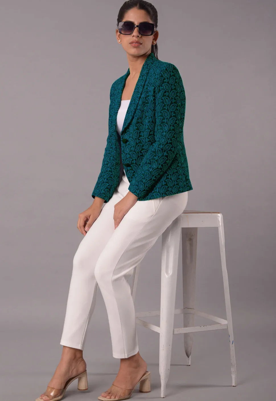Embroidered Georgette Jacket in Teal Blue