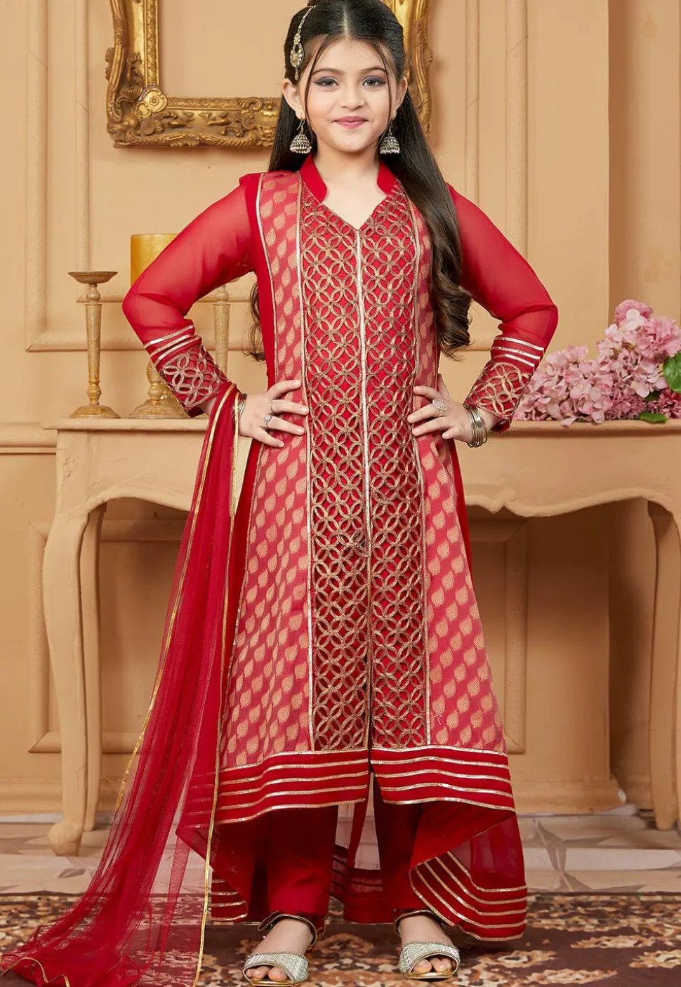 Embroidered Georgette Jacquard Pakistani Suit in Red