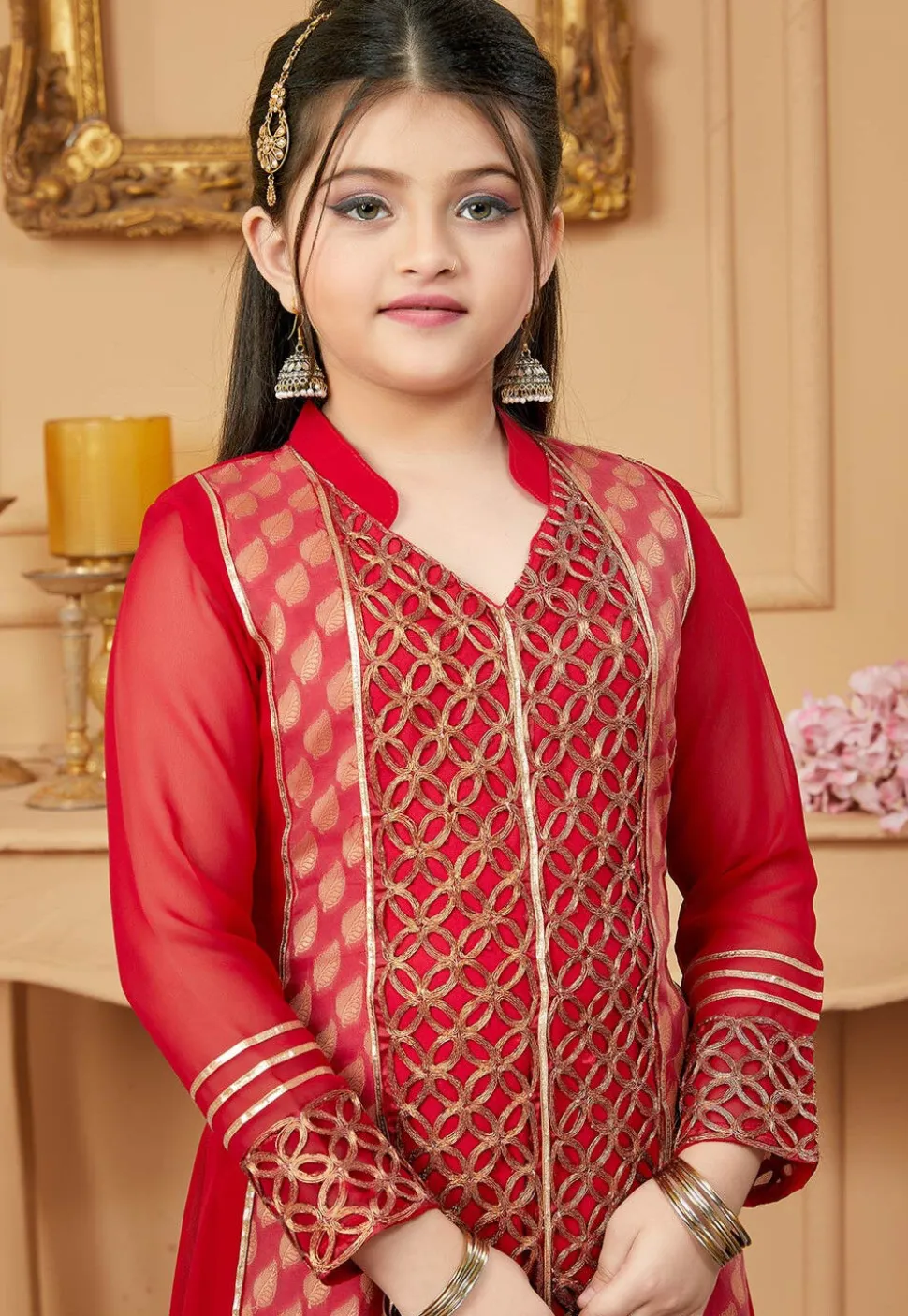 Embroidered Georgette Jacquard Pakistani Suit in Red