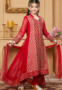 Embroidered Georgette Jacquard Pakistani Suit in Red