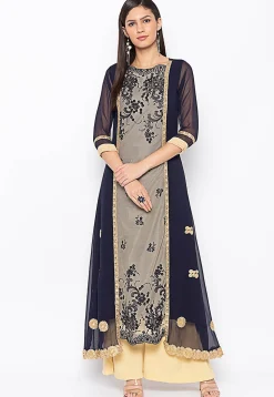 Embroidered Georgette Jacket Style Kurta in Navy Blue and Beige