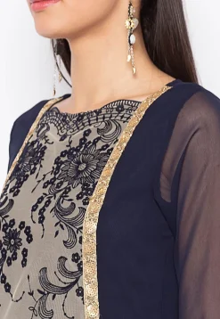 Embroidered Georgette Jacket Style Kurta in Navy Blue and Beige