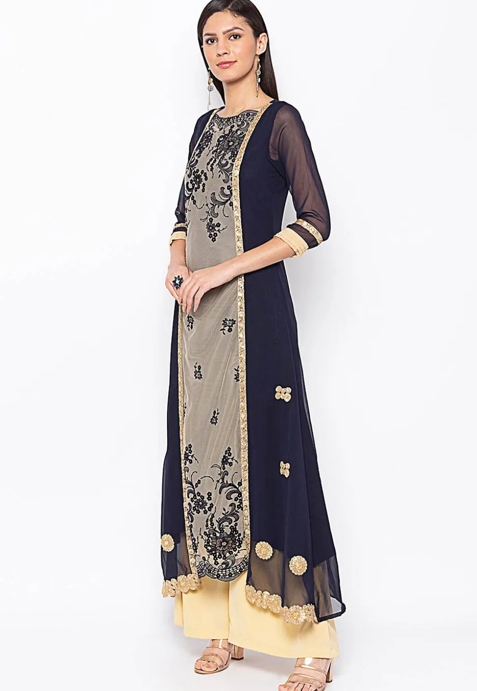 Embroidered Georgette Jacket Style Kurta in Navy Blue and Beige