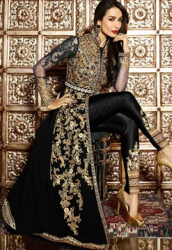 Embroidered Georgette Jacket Style Abaya Suit in Black