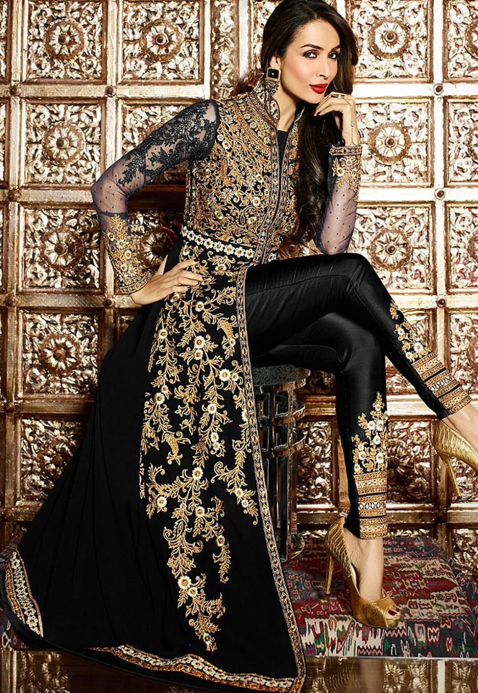 Embroidered Georgette Jacket Style Abaya Suit in Black