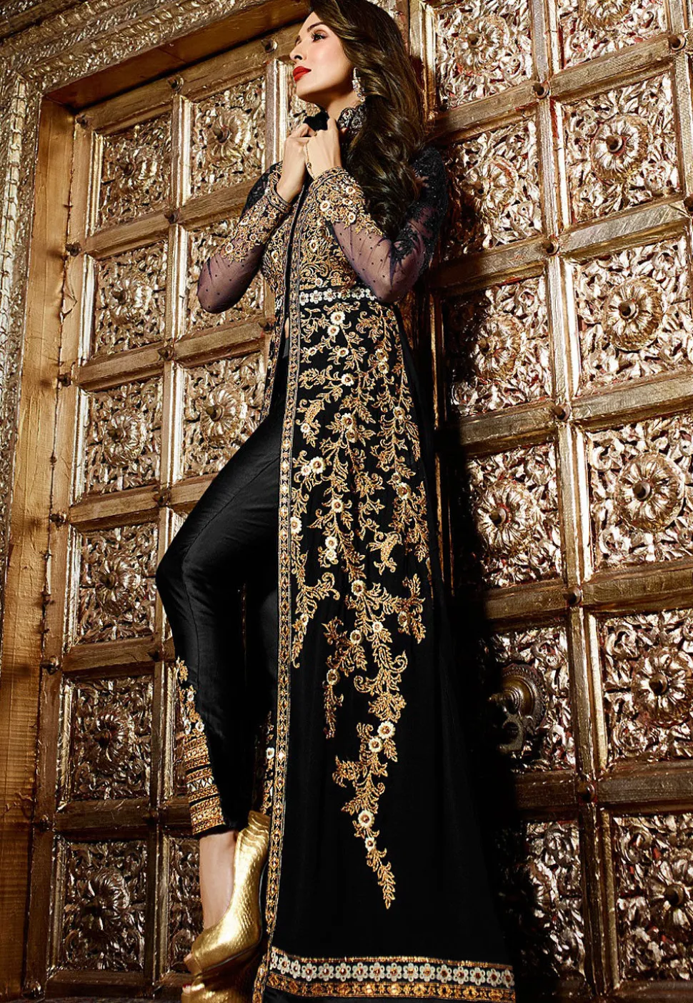 Embroidered Georgette Jacket Style Abaya Suit in Black