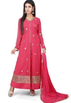 Embroidered Georgette Jacket Style Abaya Suit in Coral