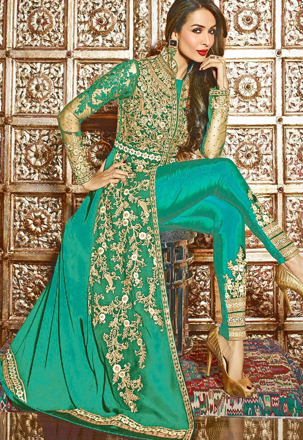 Embroidered Georgette Jacket Style Abaya Suit in Teal Green
