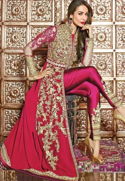 Embroidered Georgette Jacket Style Abaya Suit in Fuchsia