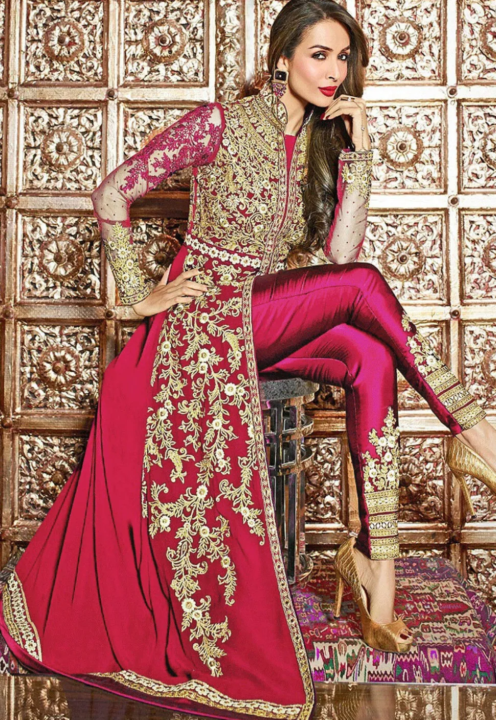 Embroidered Georgette Jacket Style Abaya Suit in Fuchsia