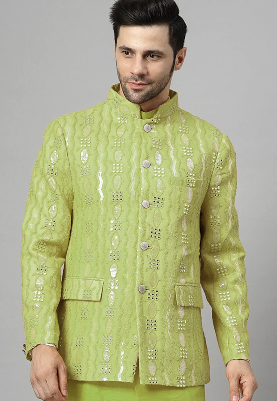 Embroidered Georgette Jodhpuri Jacket in Light Olive Green