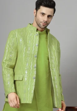 Embroidered Georgette Jodhpuri Jacket in Light Olive Green