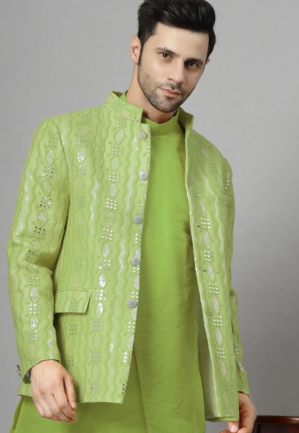 Embroidered Georgette Jodhpuri Jacket in Light Olive Green