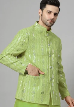 Embroidered Georgette Jodhpuri Jacket in Light Olive Green