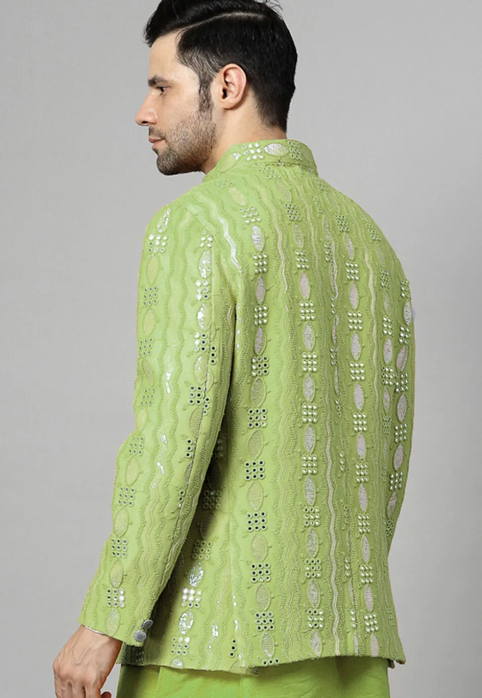 Embroidered Georgette Jodhpuri Jacket in Light Olive Green