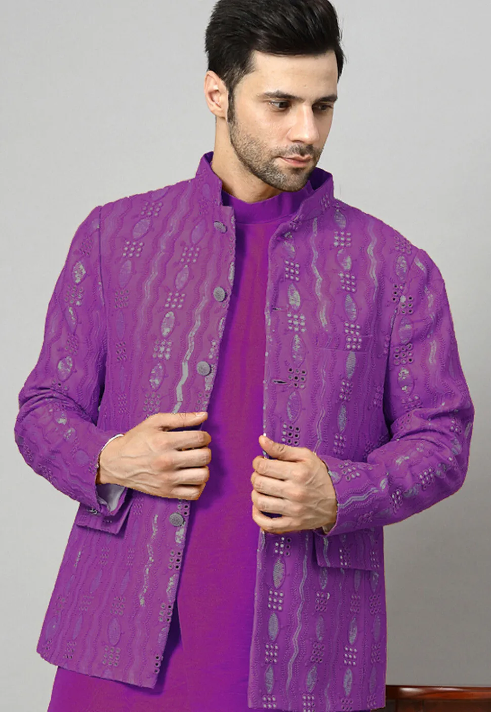 Embroidered Georgette Jodhpuri Jacket in Violet