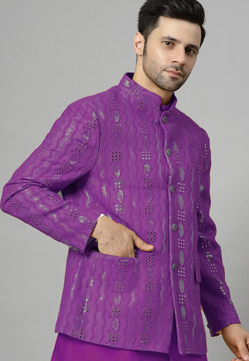 Embroidered Georgette Jodhpuri Jacket in Violet