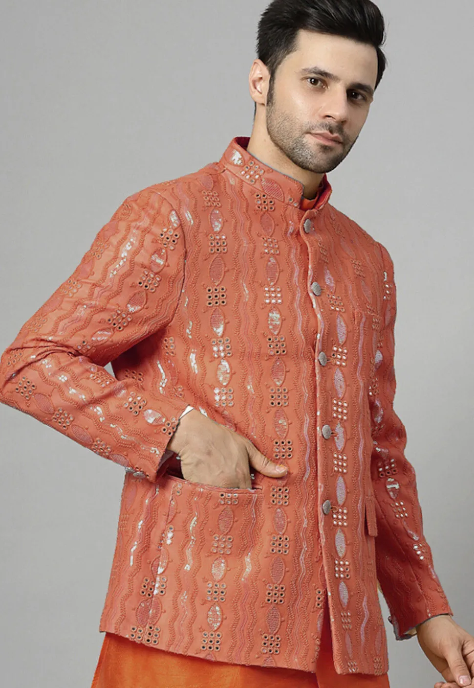 Embroidered Georgette Jodhpuri Jacket in Rust
