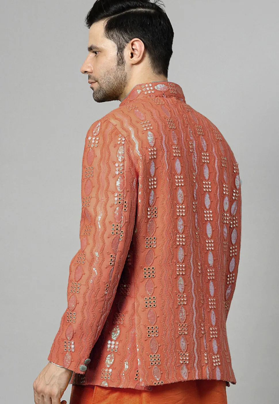 Embroidered Georgette Jodhpuri Jacket in Rust