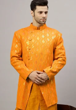 Embroidered Georgette Jodhpuri Jacket in Mustard