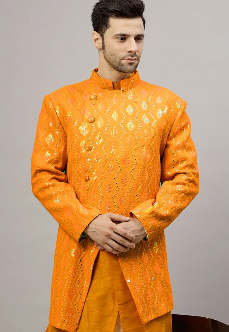 Embroidered Georgette Jodhpuri Jacket in Mustard