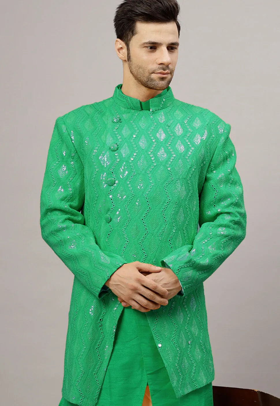 Embroidered Georgette Jodhpuri Jacket in Green
