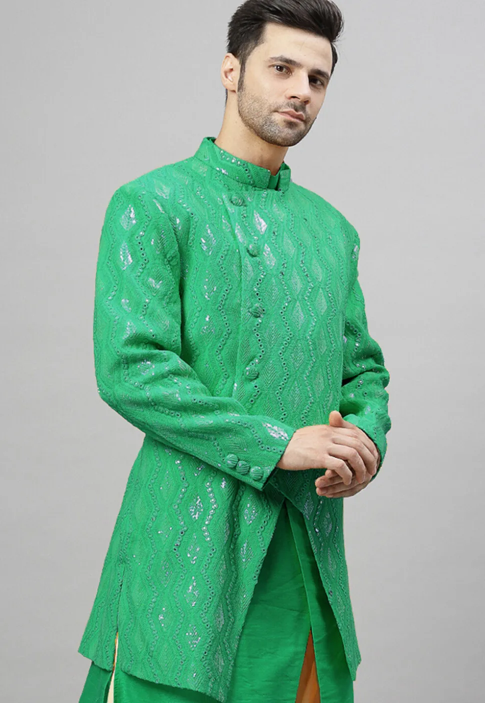 Embroidered Georgette Jodhpuri Jacket in Green