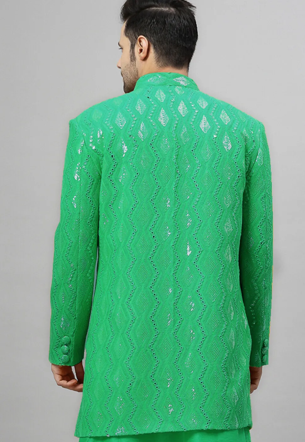 Embroidered Georgette Jodhpuri Jacket in Green