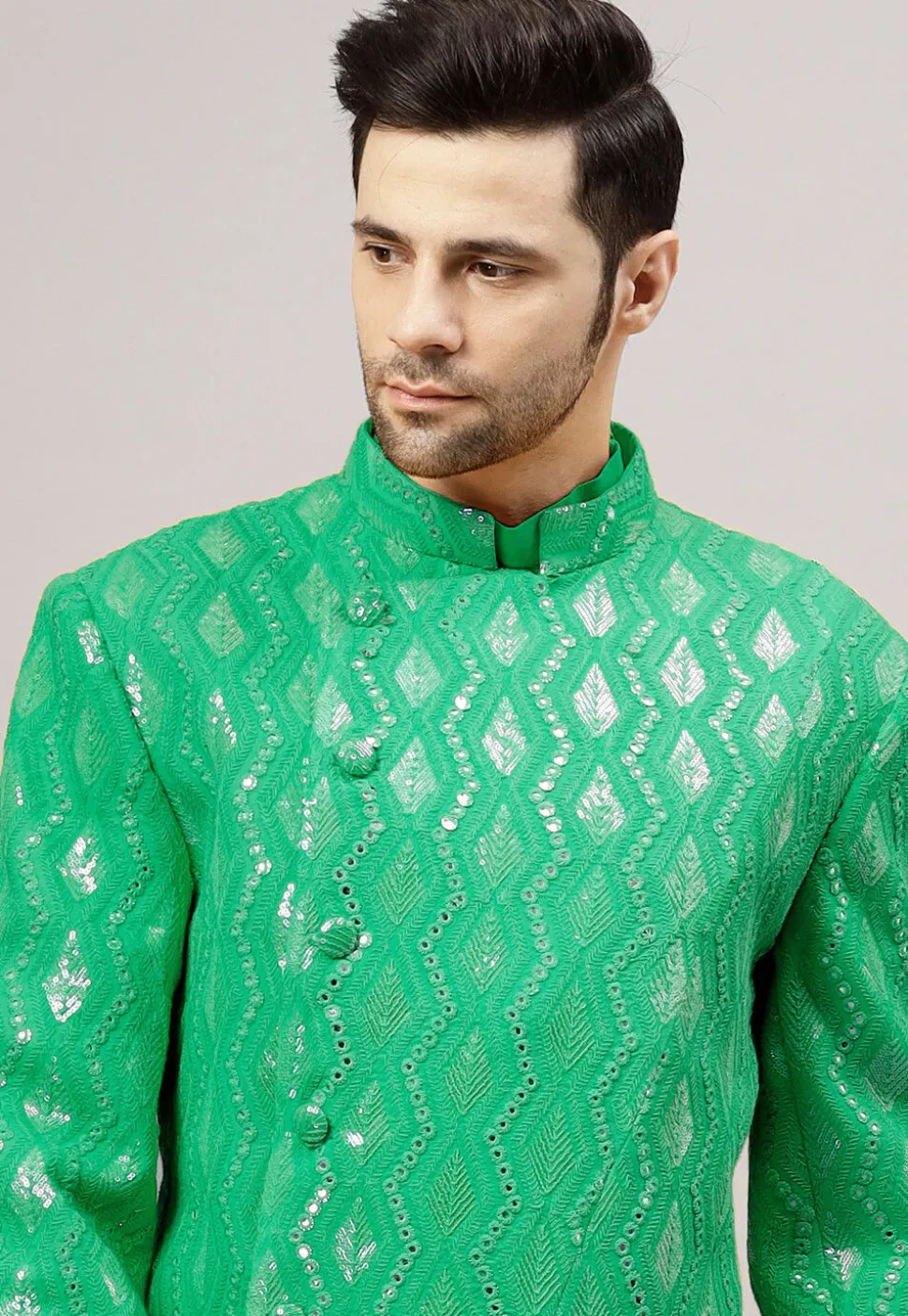 Embroidered Georgette Jodhpuri Jacket in Green