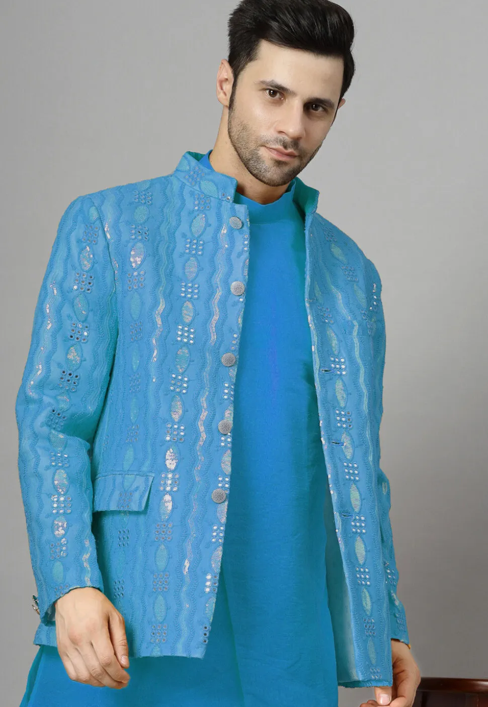 Embroidered Georgette Jodhpuri Jacket in Sky Blue
