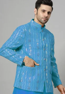 Embroidered Georgette Jodhpuri Jacket in Sky Blue