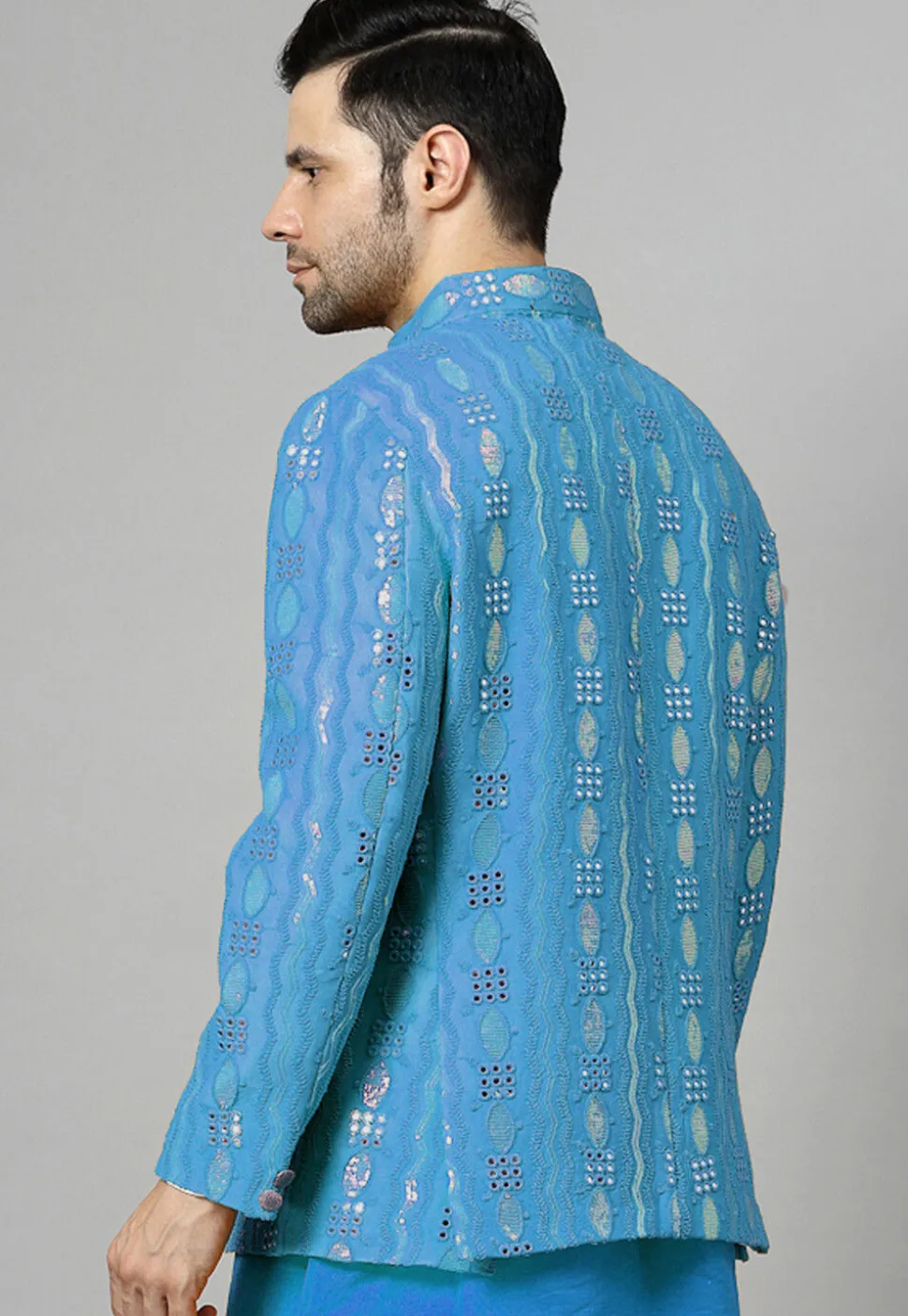 Embroidered Georgette Jodhpuri Jacket in Sky Blue