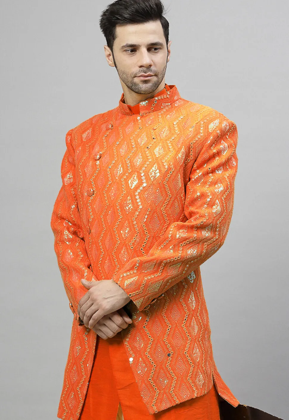 Embroidered Georgette Jodhpuri Jacket in Orange