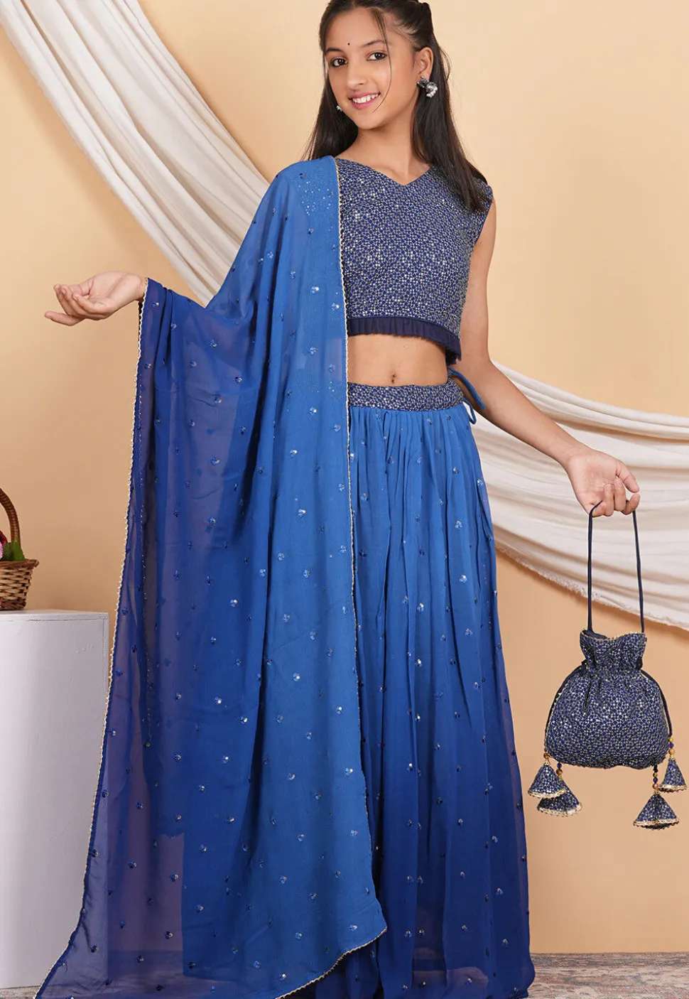 Embroidered Georgette Knife Pleated Lehenga in Shaded Blue