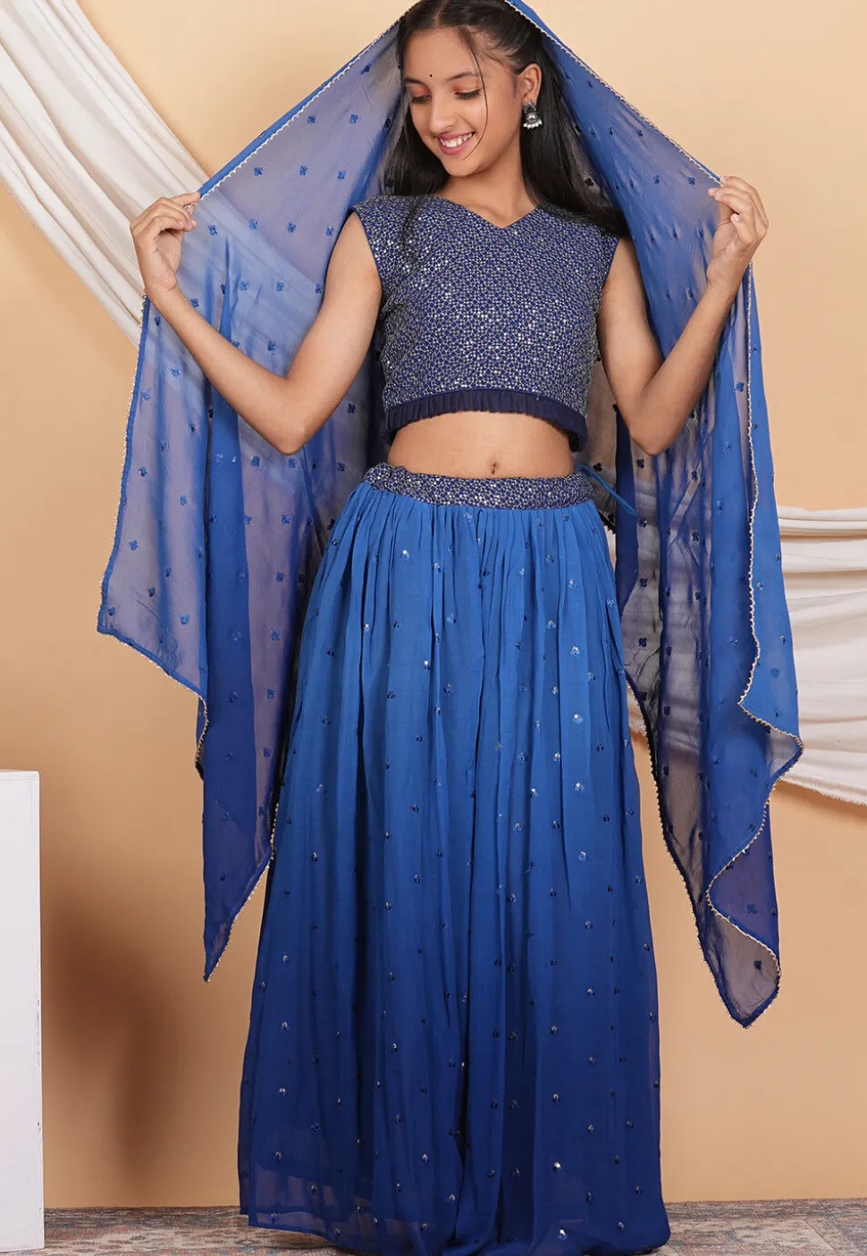 Embroidered Georgette Knife Pleated Lehenga in Shaded Blue
