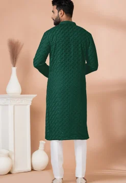 Embroidered Georgette Kurta Set in Dark Green