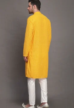 Embroidered Georgette Kurta Set in Yellow
