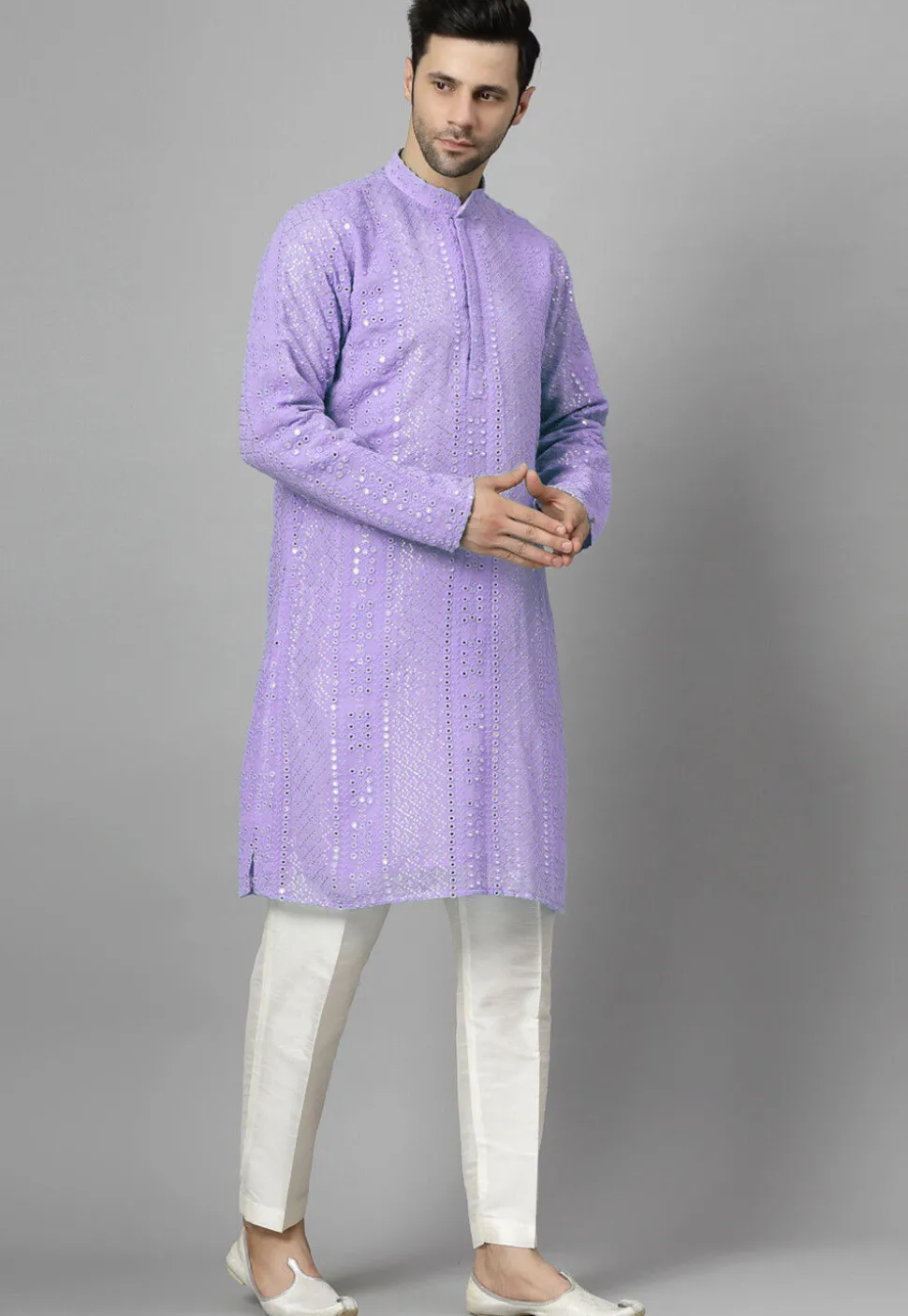 Embroidered Georgette Kurta Set in Light Purple