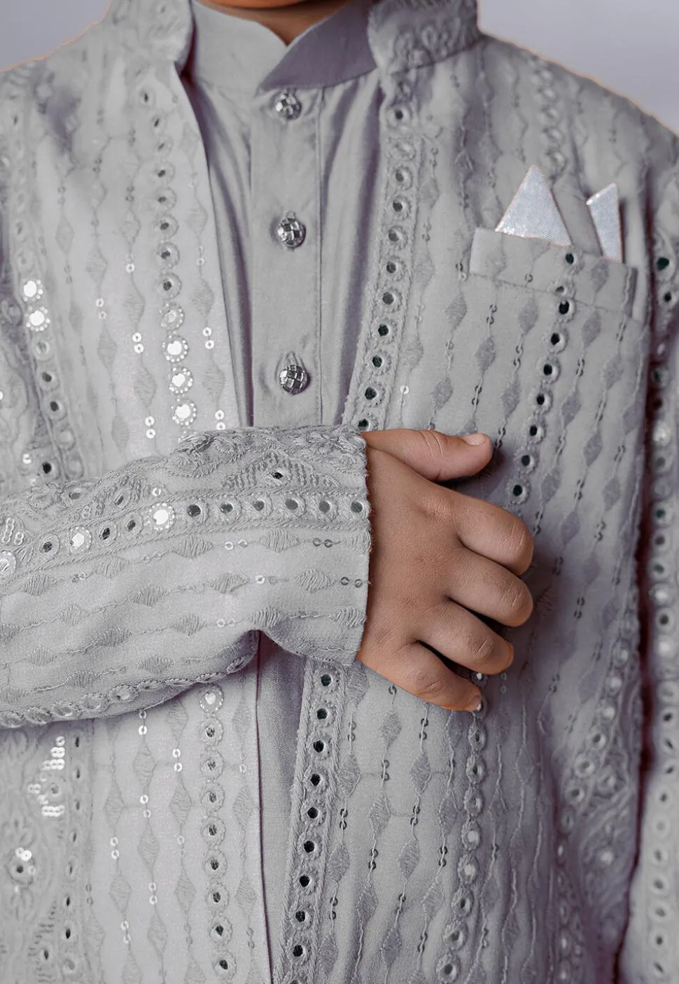 Embroidered Georgette Kurta Set in Grey