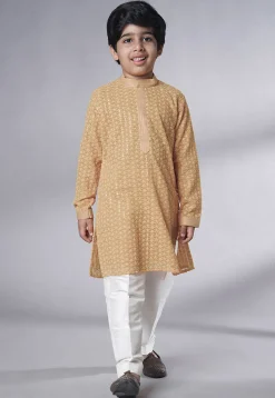 Embroidered Georgette Kurta Set in Beige