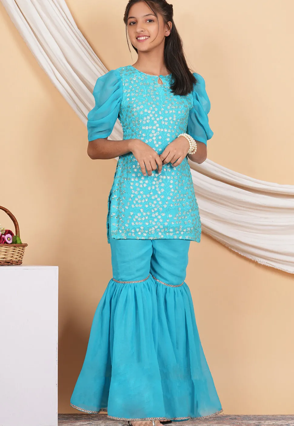 Embroidered Georgette Kurti Set in Turquoise