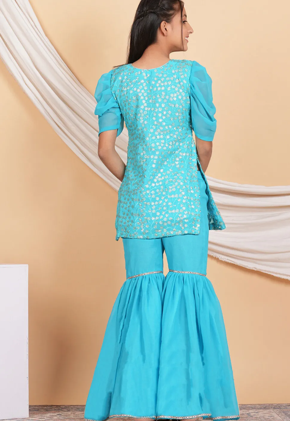 Embroidered Georgette Kurti Set in Turquoise