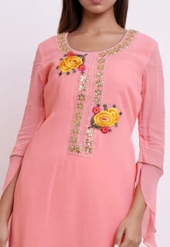 Embroidered Georgette Kurta in Peach