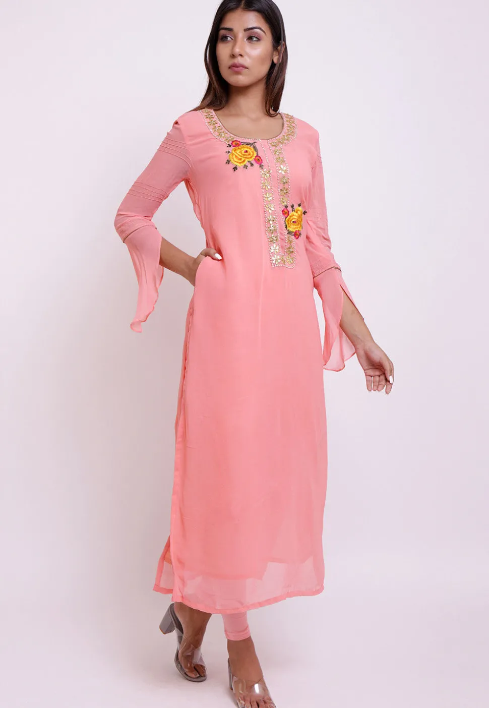 Embroidered Georgette Kurta in Peach